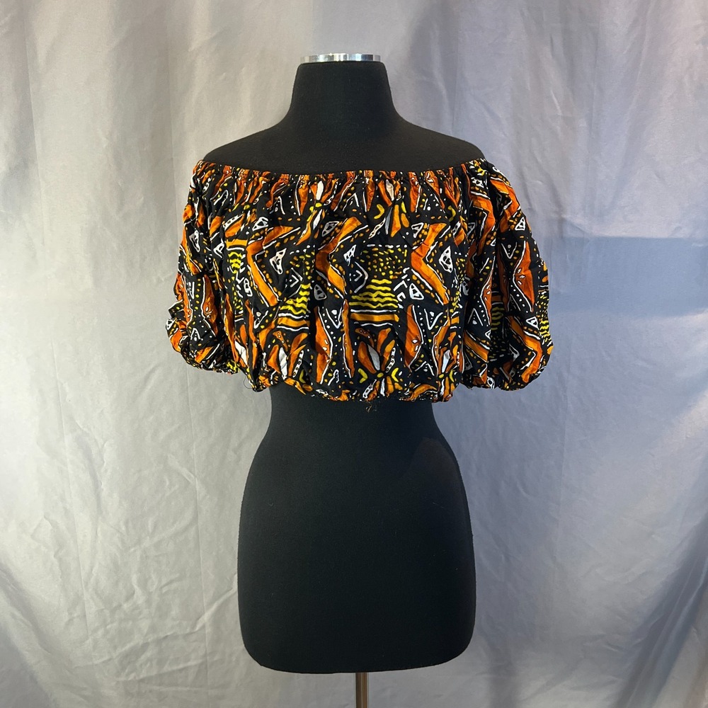 Madrag Off-the-shoulder Cropped Top Womens L Multicolor Aztec Print Puff Sleeve